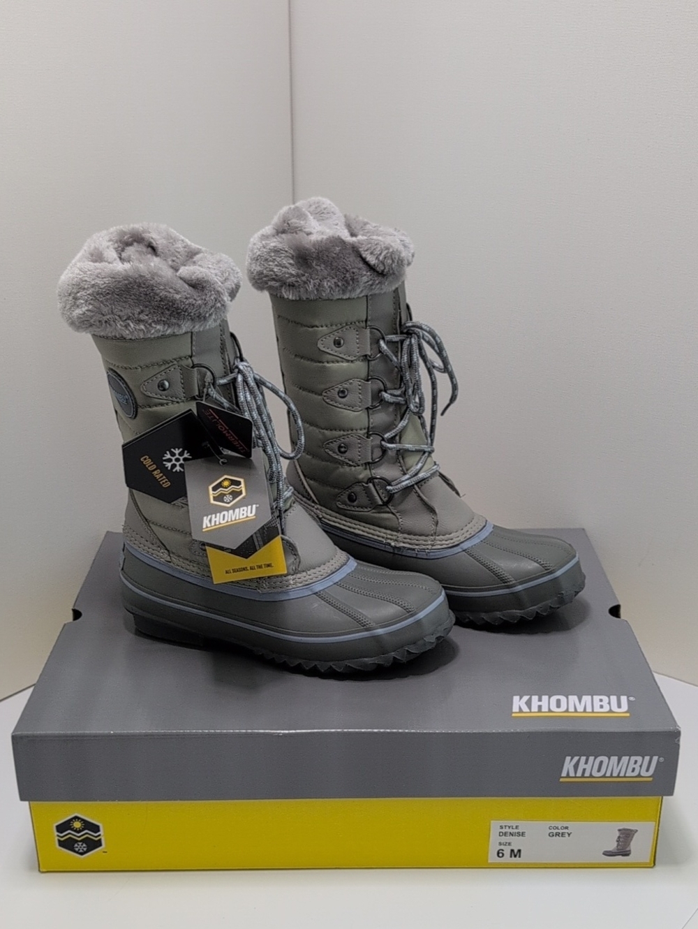 Khombu Women's Denise Grey Lace-Up Faux-Fur Cuff Winter Boots Size 6 NIB